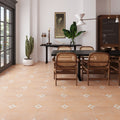 Matte brown porcelain 18x18 square tile flooring in dining area