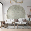 Russian green beige 12x22 matte glossy porcelain rectangle tile wall installation with star details