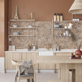 Beige and blue 12x22 porcelain tile with matte and glossy finish on kitchen backsplash 