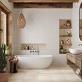 Ice white beige 12x22 porcelain tiles with star details on bathroom wall