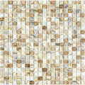 Glossy beige glass mosaic tile sheet with square mixed stone and glass pieces in varied beige and brown tones