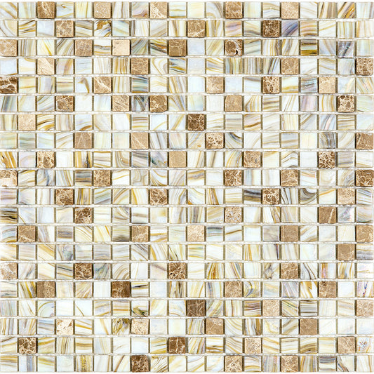 Glossy beige glass mosaic tile sheet with square mixed stone and glass pieces in varied beige and brown tones
