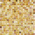 Glossy beige and pearl glass mosaic tiles in 12x12 mosaic sheet with varied beige, cream, and gold tones