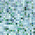 Glossy stone blue gray glass mosaic tile sheet with small square pieces in varied shades of blue gray and green