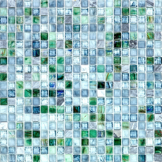 Glossy stone blue gray glass mosaic tile sheet with small square pieces in varied shades of blue gray and green