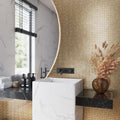 Gold glossy glass picket mosaic tile on bathroom wall with 12x12 inch square pattern