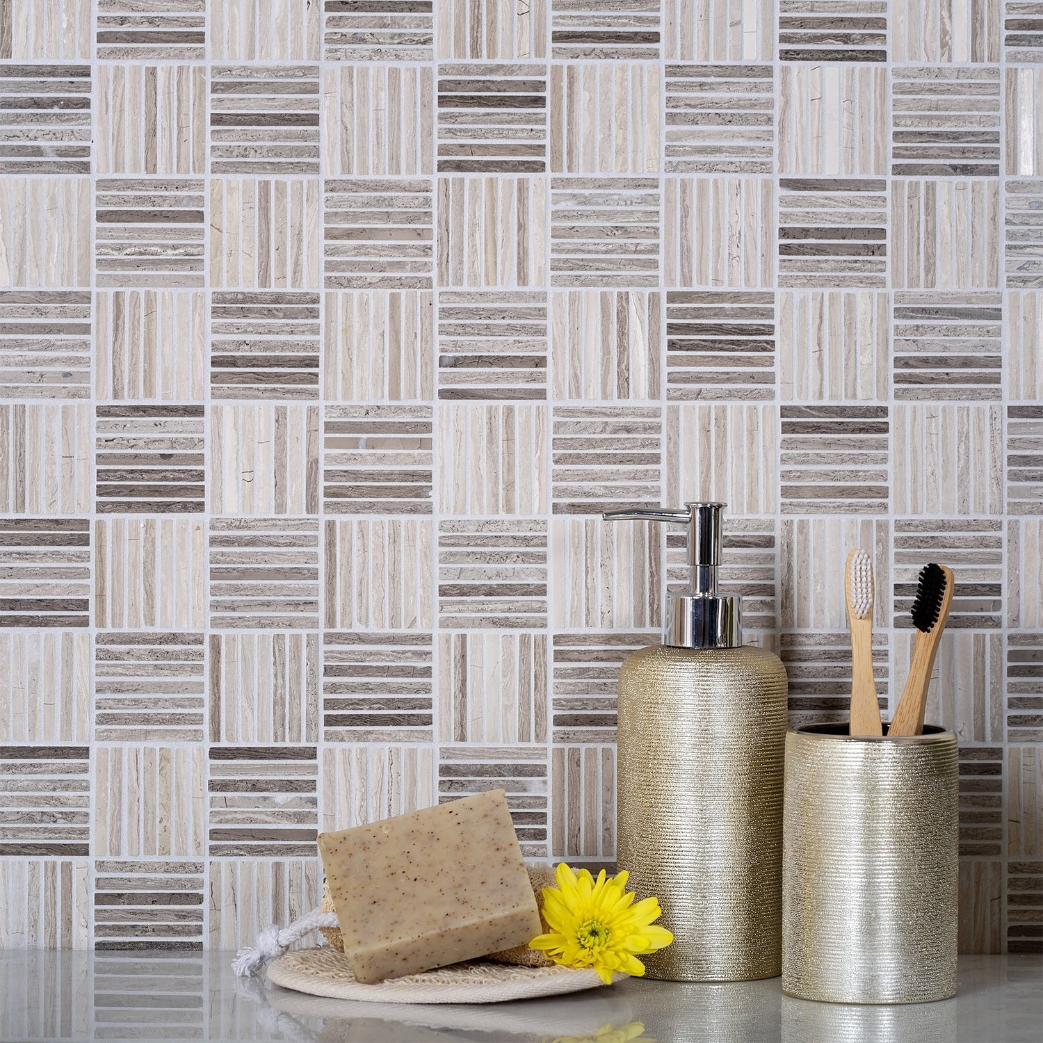 Beige 12x12 Polished Sticks Wooden Grey Light Dark Mosaic Tile (5 pack, 5 sq ft/case) - Sample