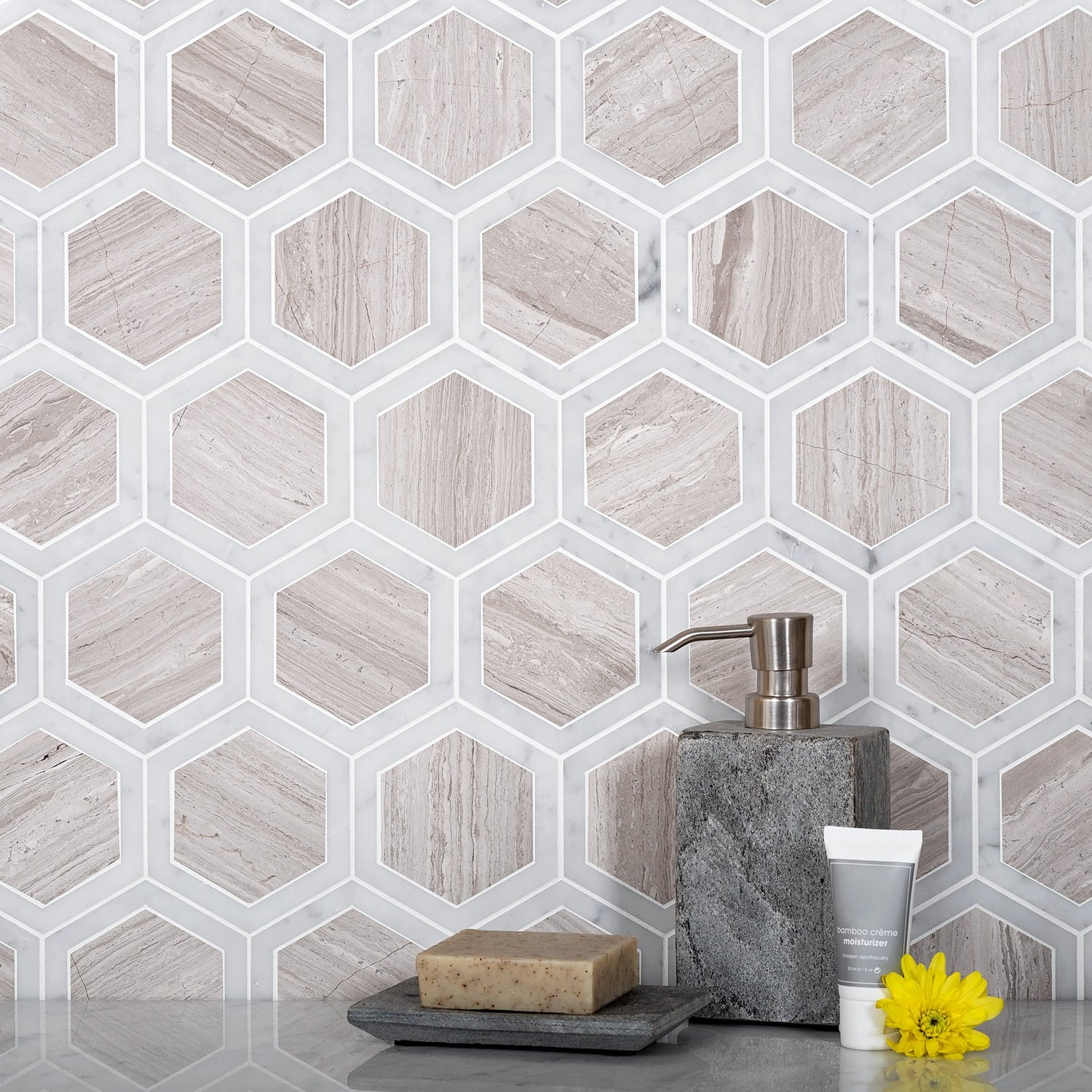 5 pack White and Beige 11.7 in. x 13.5 in. Wooden Hexagon Polished Marble Mosaic Tile (5.48 sq ft/case) - Sample
