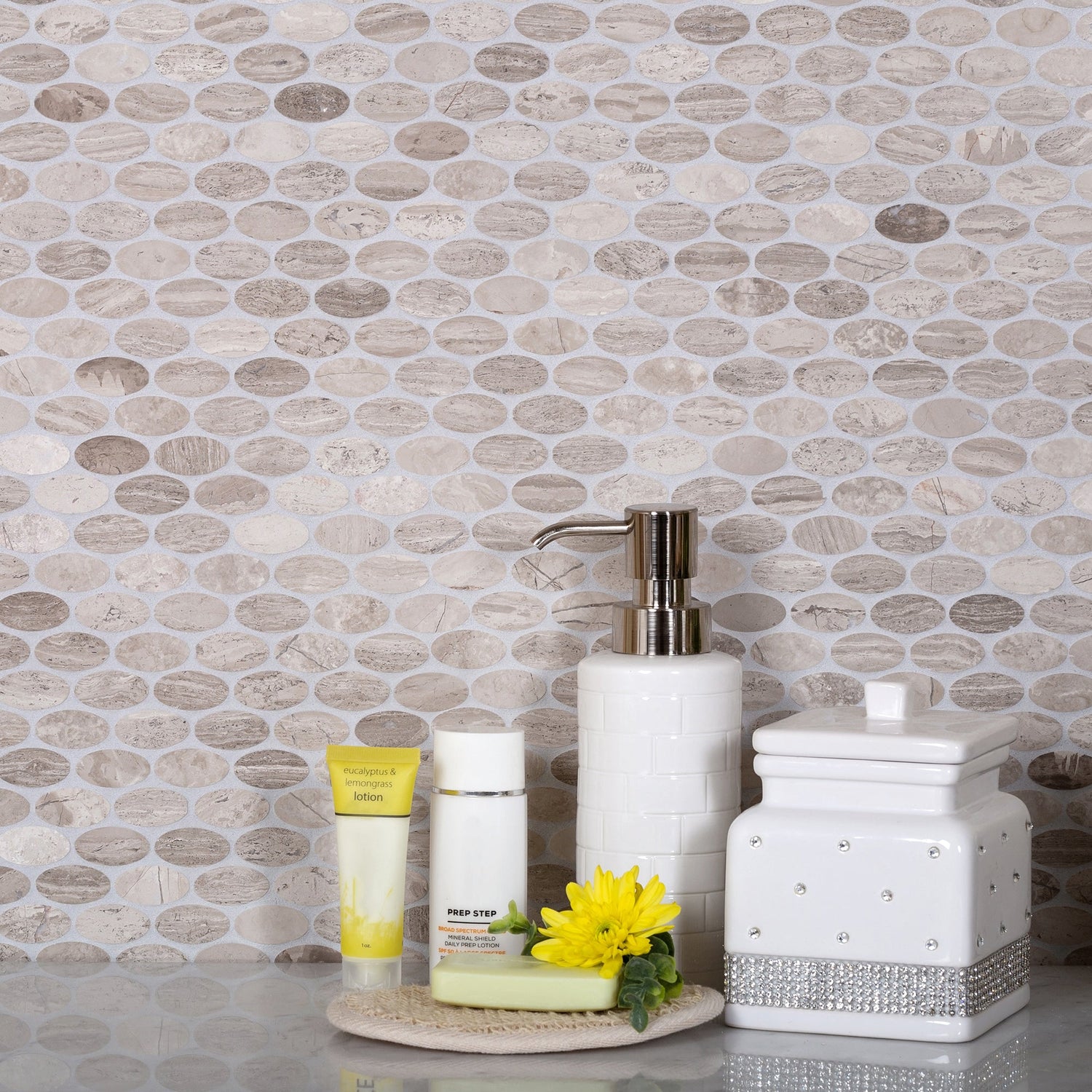 Beige 11x12 Polished Oval Marble Mosaic Tile (5 pack, 4.51 sq ft/case) - Sample
