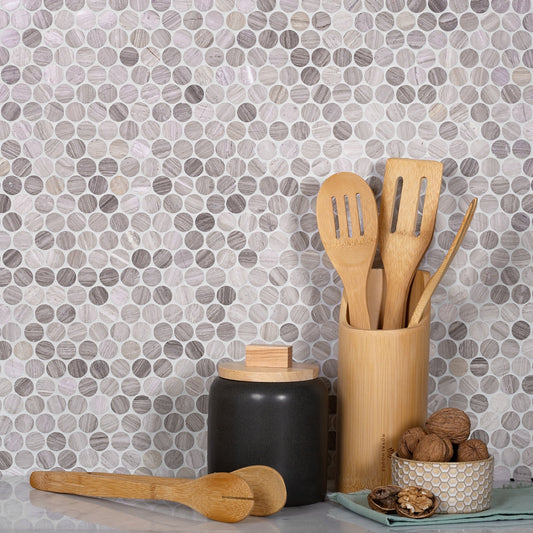 Beige 11x12 Polished Penny Round Wooden Grey Mosaic Tile (5 pack, 4.83 sq ft/case) - Sample