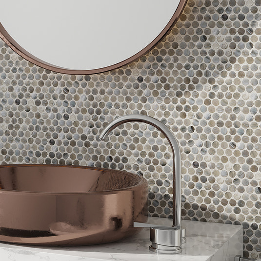 Glacier gray glossy glass penny round mosaic tile backsplash application