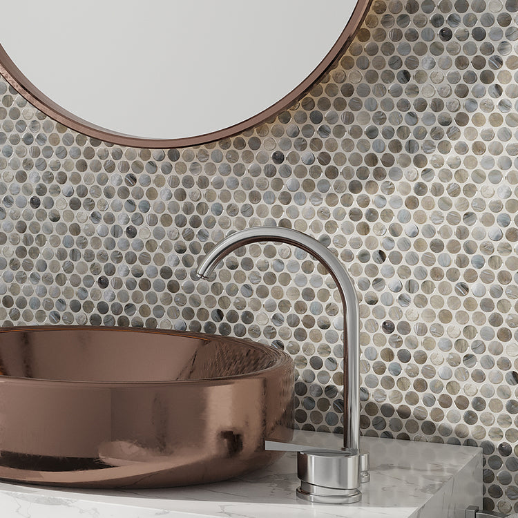 Glacier gray glossy glass penny round mosaic tile backsplash application