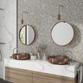 Glacier gray glossy glass penny round mosaic tile on bathroom wall