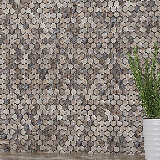 Beige and brown glossy penny round glass mosaic tile on wall, 12x12 inches