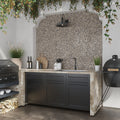 Beige glossy penny round glass mosaic tile backsplash with varied beige and brown tones