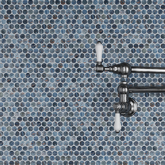 Blue glossy penny round glass mosaic tile with polished finish for bathroom or shower wall