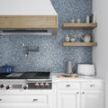 blue glossy glass penny round mosaic tile backsplash in kitchen wall, 12x12 inches