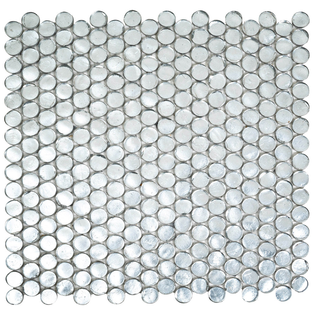 Silver 12x12 Penny Round Glossy Glass Mosaic Tile (10 pack, 10.34 sq ft/case) - Sample