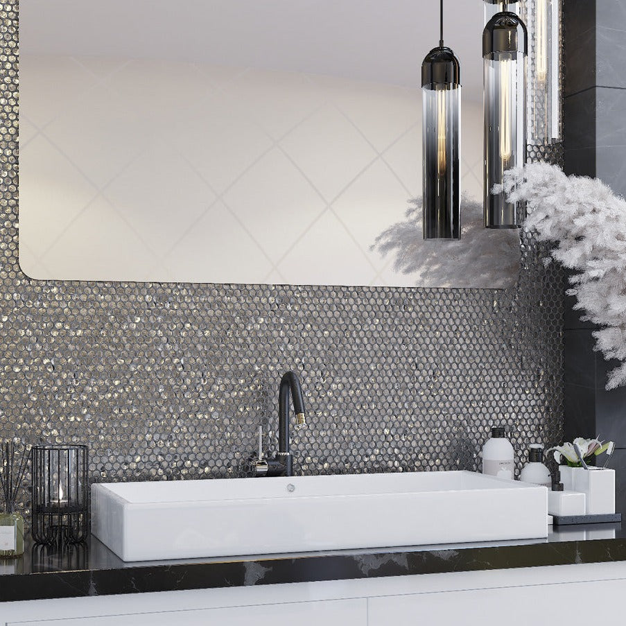 Silver 12x12 Penny Round Glossy Glass Mosaic Tile (10 pack, 10.34 sq ft/case) - Sample