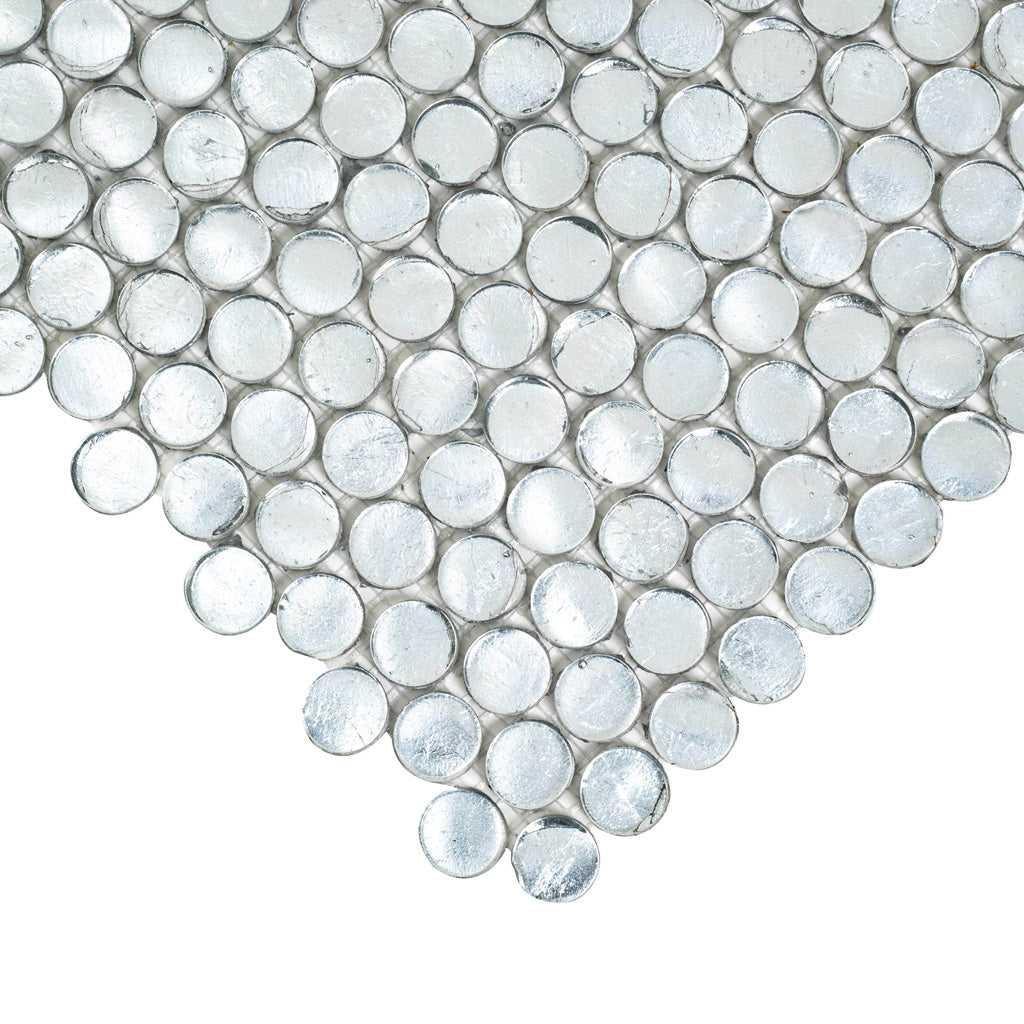 Silver 12x12 Penny Round Glossy Glass Mosaic Tile (10 pack, 10.34 sq ft/case) - Sample