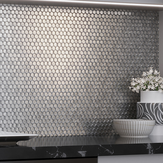 Silver glossy penny round glass mosaic tile backsplash 12x12 inches
