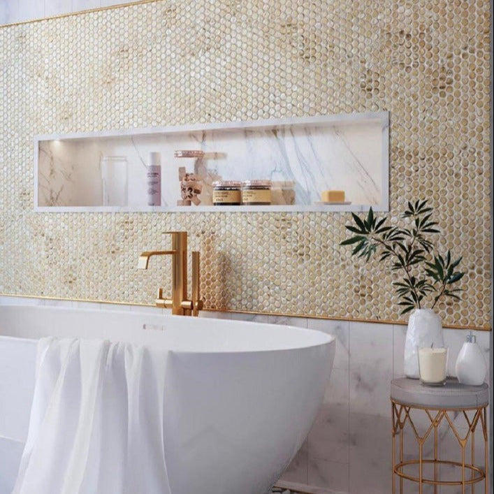 Gold 12x12 Glossy Penny Round Glass Mosaic Tile (10 pack, 10.34 sq ft/case) - Sample