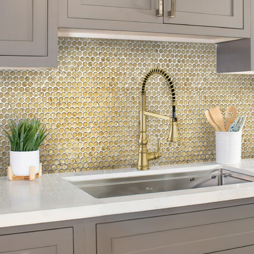 Gold 12x12 Glossy Penny Round Glass Mosaic Tile (10 pack, 10.34 sq ft/case) - Sample