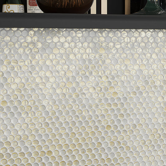 White and gold glossy glass penny round mosaic tile on kitchen backsplash wall