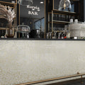 White and gold glass penny round mosaic tile with glossy finish on bar front wall surface