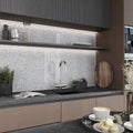 Silver glossy glass penny round mosaic tile backsplash in kitchen setting