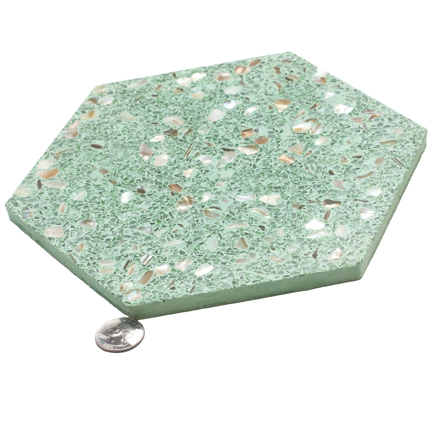 Glossy mint green terrazzo hexagon tile with copper and shell flecks 9x8 inches