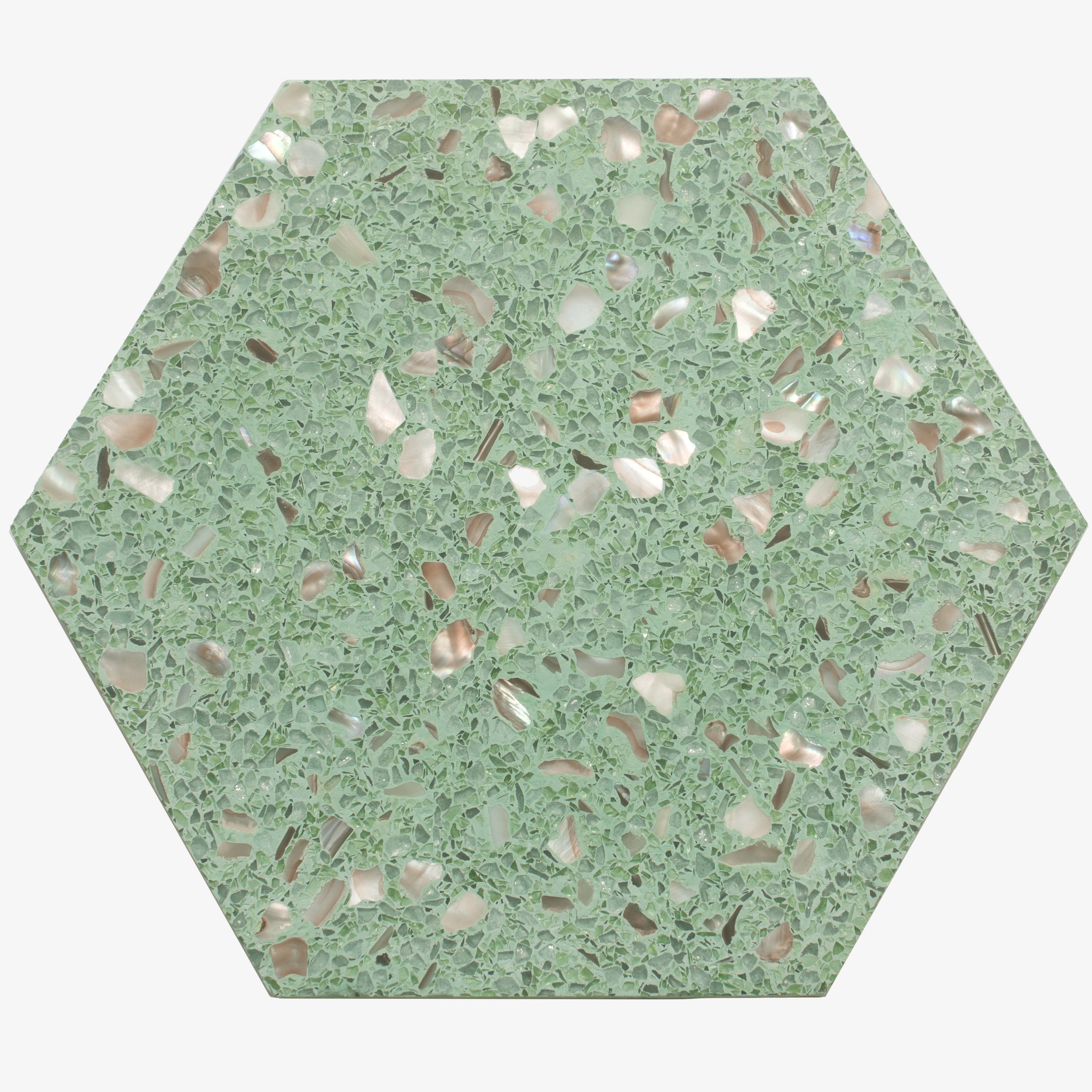 Glossy mint green with shell flecks terrazzo hexagon tile kitchen floor design