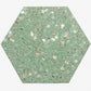 Glossy mint green terrazzo hexagon tiles with copper flecks and shell pieces, 9x8 inches