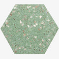Glossy mint green terrazzo hexagon tiles with copper flecks and shell pieces, 9x8 inches