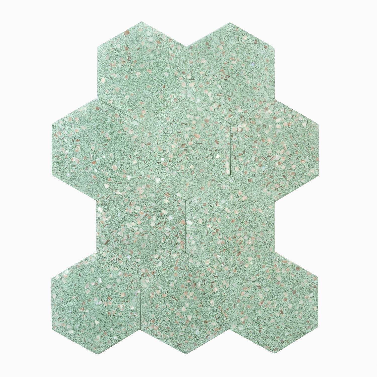 Glossy mint green terrazzo hexagon tile with copper flecks, 9x8 inches, shell material