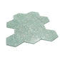 Glossy mint green terrazzo hexagon tiles with copper flecks and shell accents, 9x8 inches