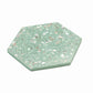 Glossy mint green terrazzo hexagon tile with copper flecks and shell pieces, 9x8 inches