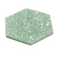 Glossy mint green terrazzo hexagon tile with copper flecks and shell fragments, 9x8 inches