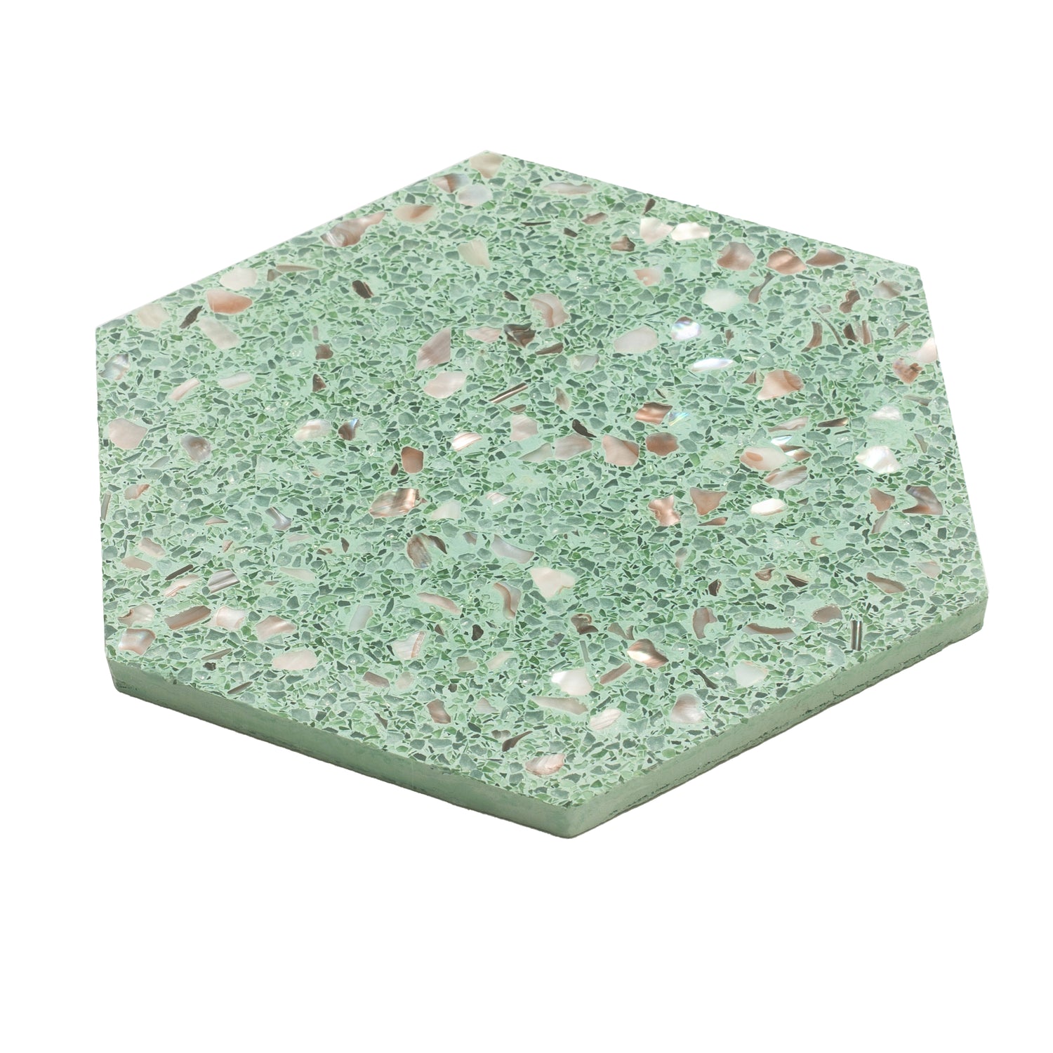 Glossy mint green terrazzo hexagon tile with copper flecks and shell fragments, 9x8 inches