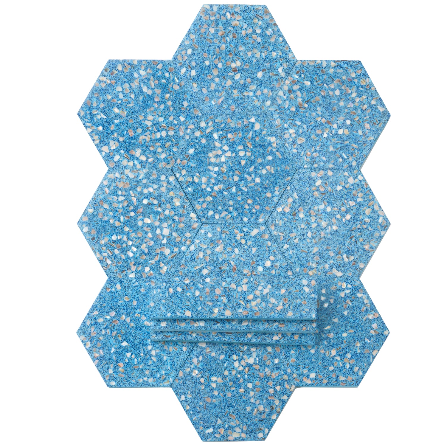 Glossy Yosemite blue terrazzo hexagon tile with copper flecks and shell 9x8 inches