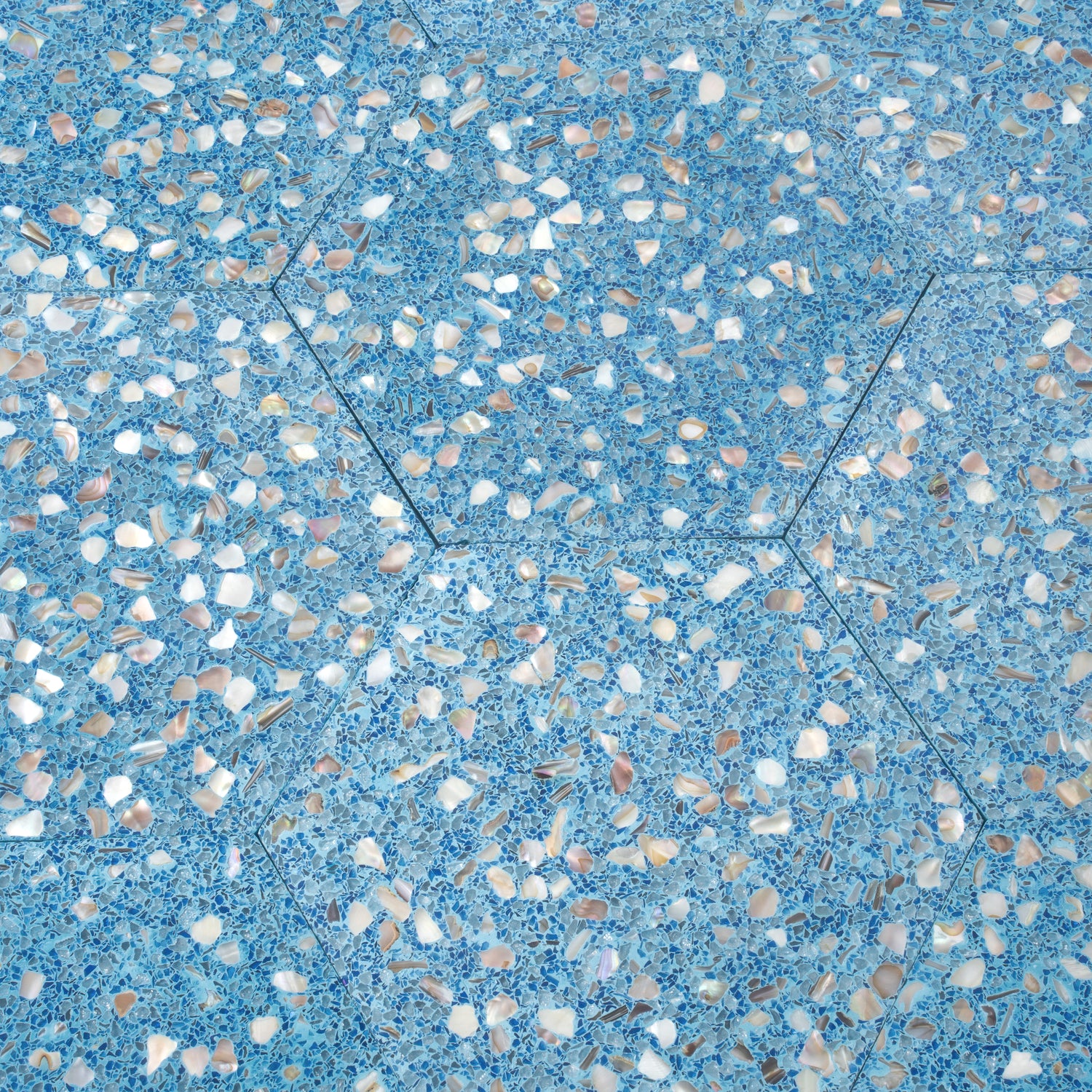 Yosemite blue terrazzo hexagon tile with glossy shell and copper flecks 9x8 inches