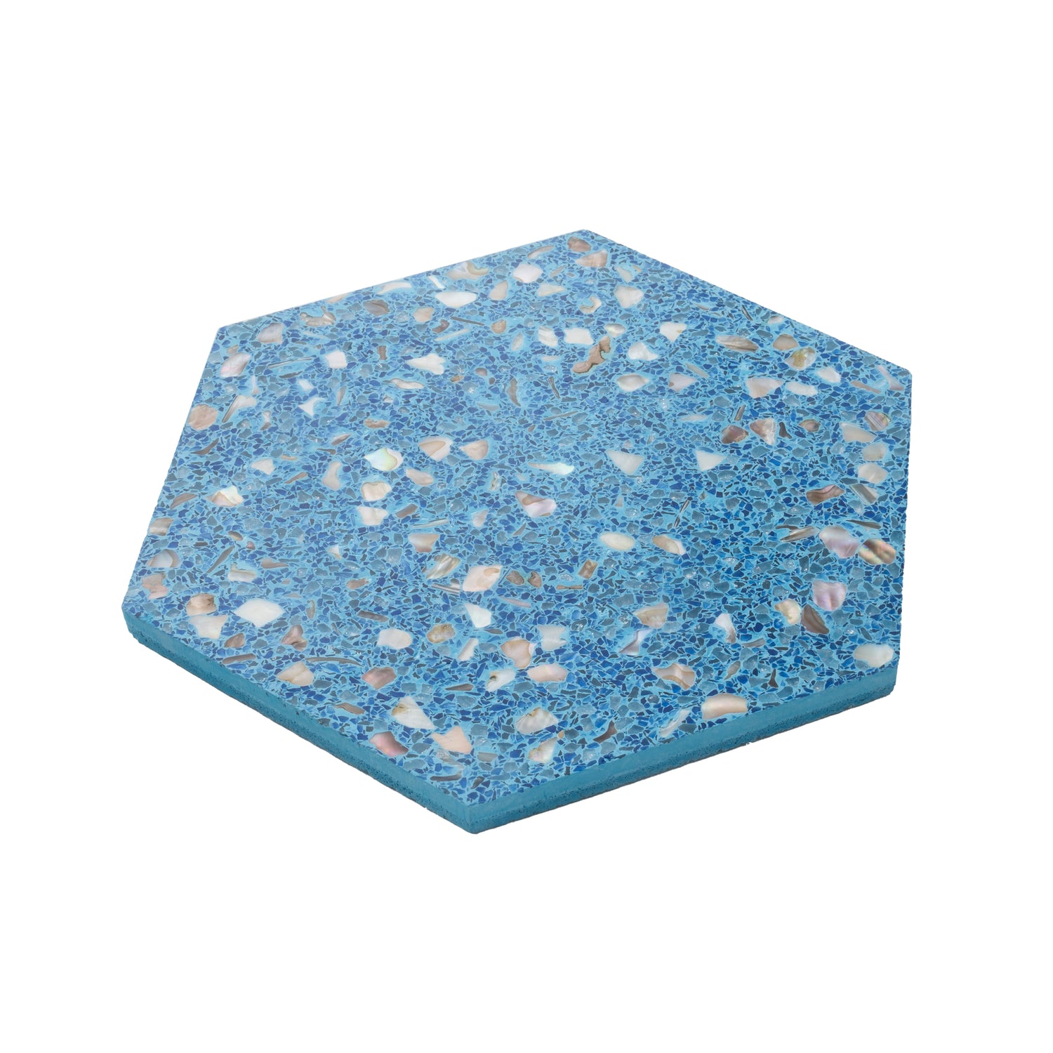 Glossy hexagon terrazzo tile in yosemite blue with copper flecks and shell pieces