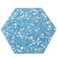 Glossy blue terrazzo hexagon tile with shell pieces and copper flecks 9x8 inches