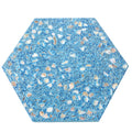 Glossy blue terrazzo hexagon tile with shell pieces and copper flecks 9x8 inches