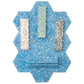 Glossy yosemite blue terrazzo hexagon tile with copper flecks and three vertical sample swatches