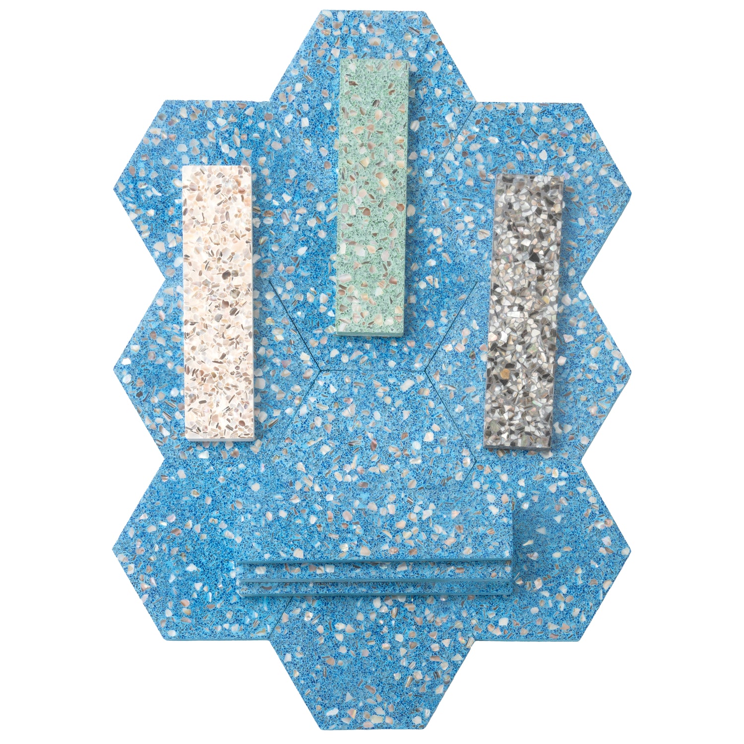 Glossy yosemite blue terrazzo hexagon tile with copper flecks and three vertical sample swatches