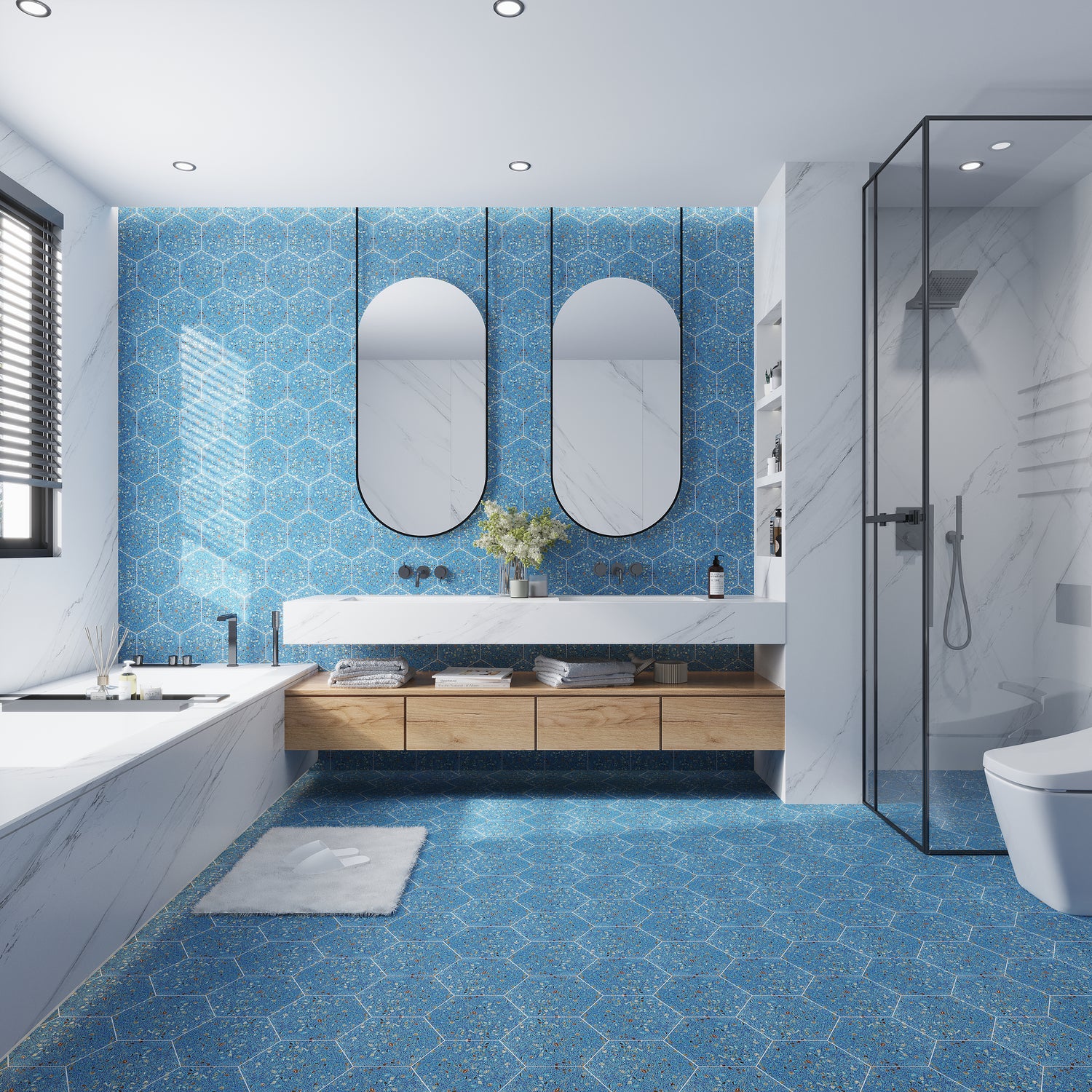 Glossy Yosemite blue terrazzo hexagon shell tile with copper flecks in 9x8 inch size