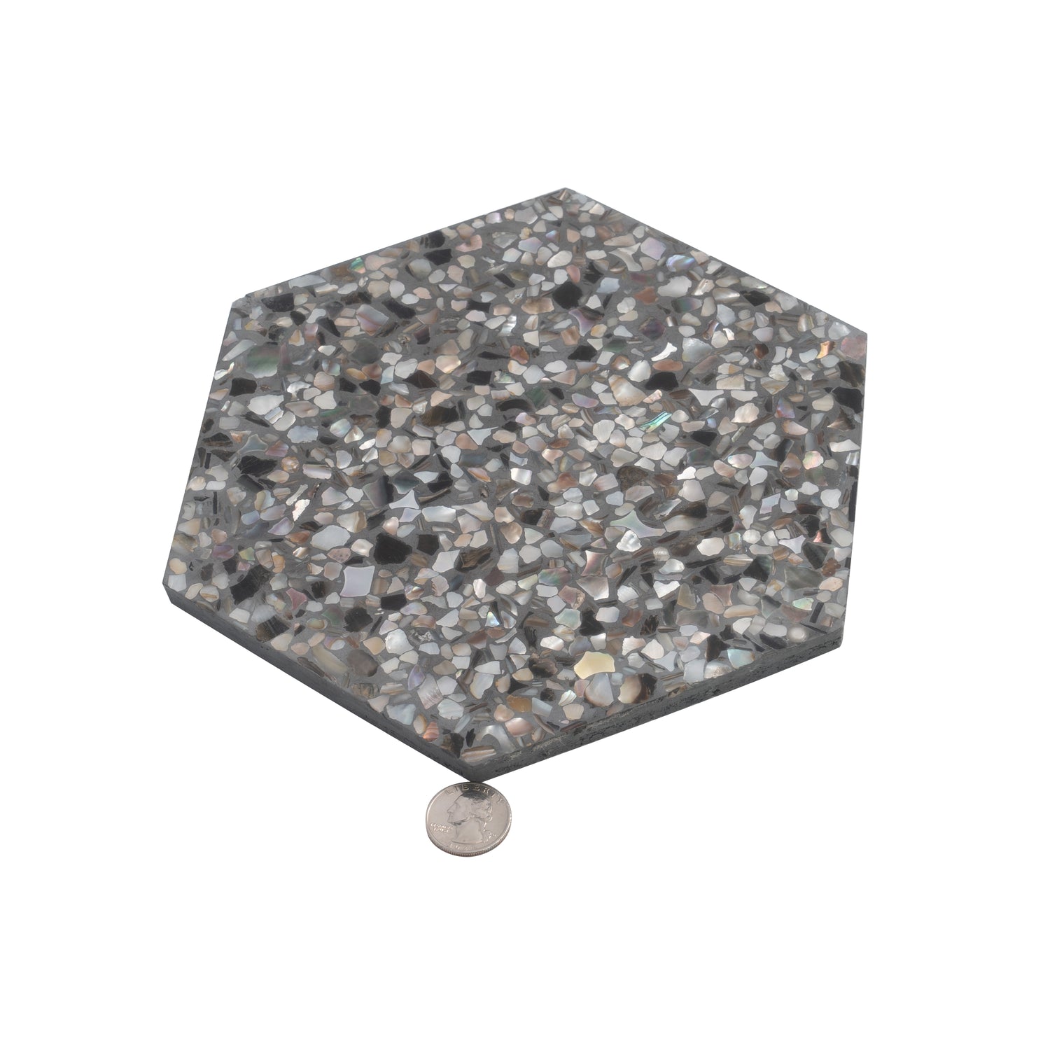 Glossy black terrazzo hexagon tile with amber pearl flecks, 9x8 inch shell pattern