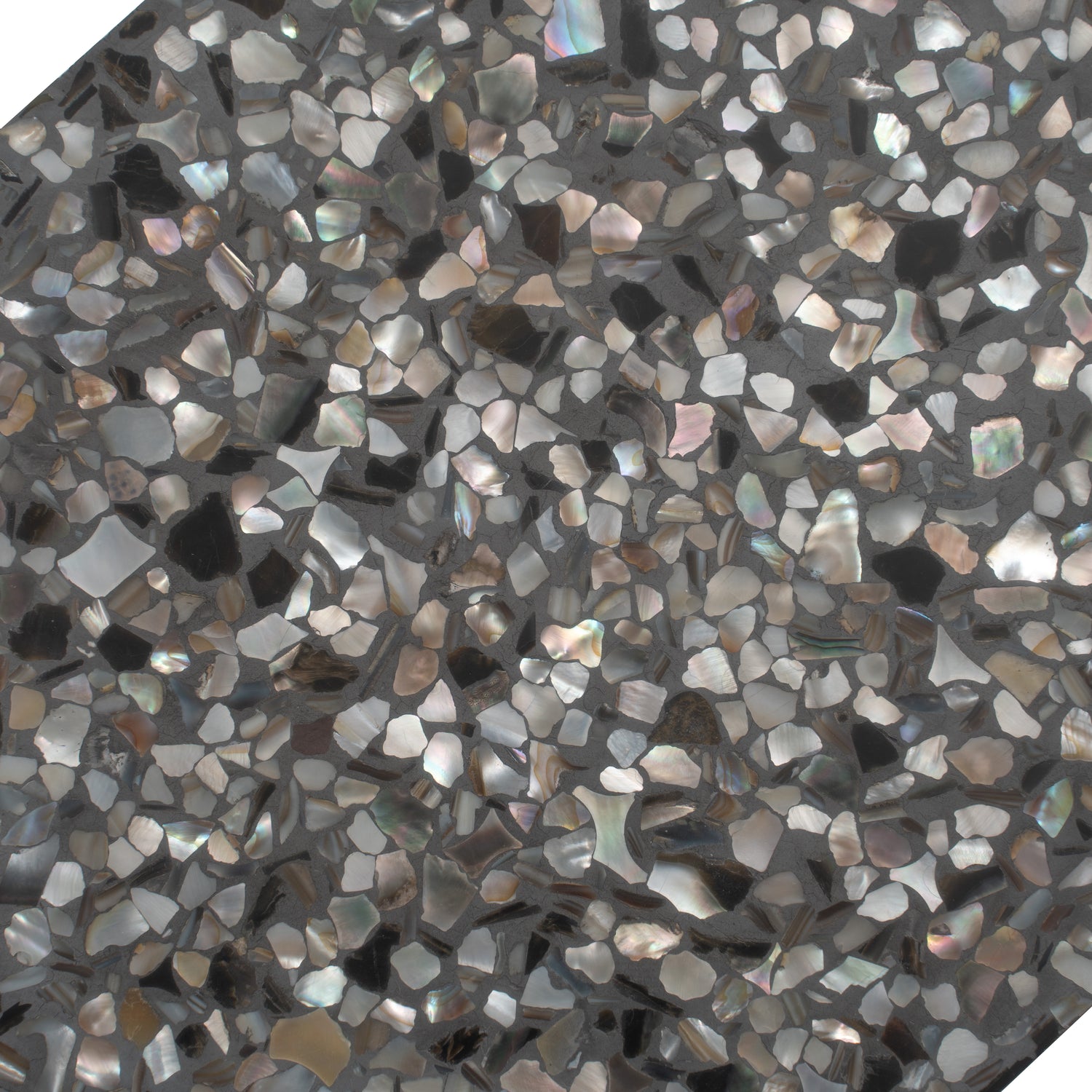 Glossy black terrazzo hexagon tile with amber pearl shell flecks 9x8 inches
