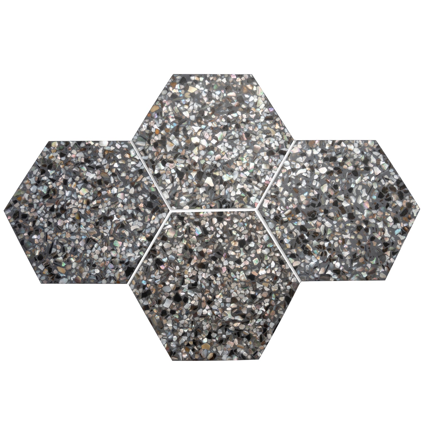 Glossy black terrazzo hexagon tile with amber pearl flecks 9x8 inches 5-pack 1.8 sq ft case